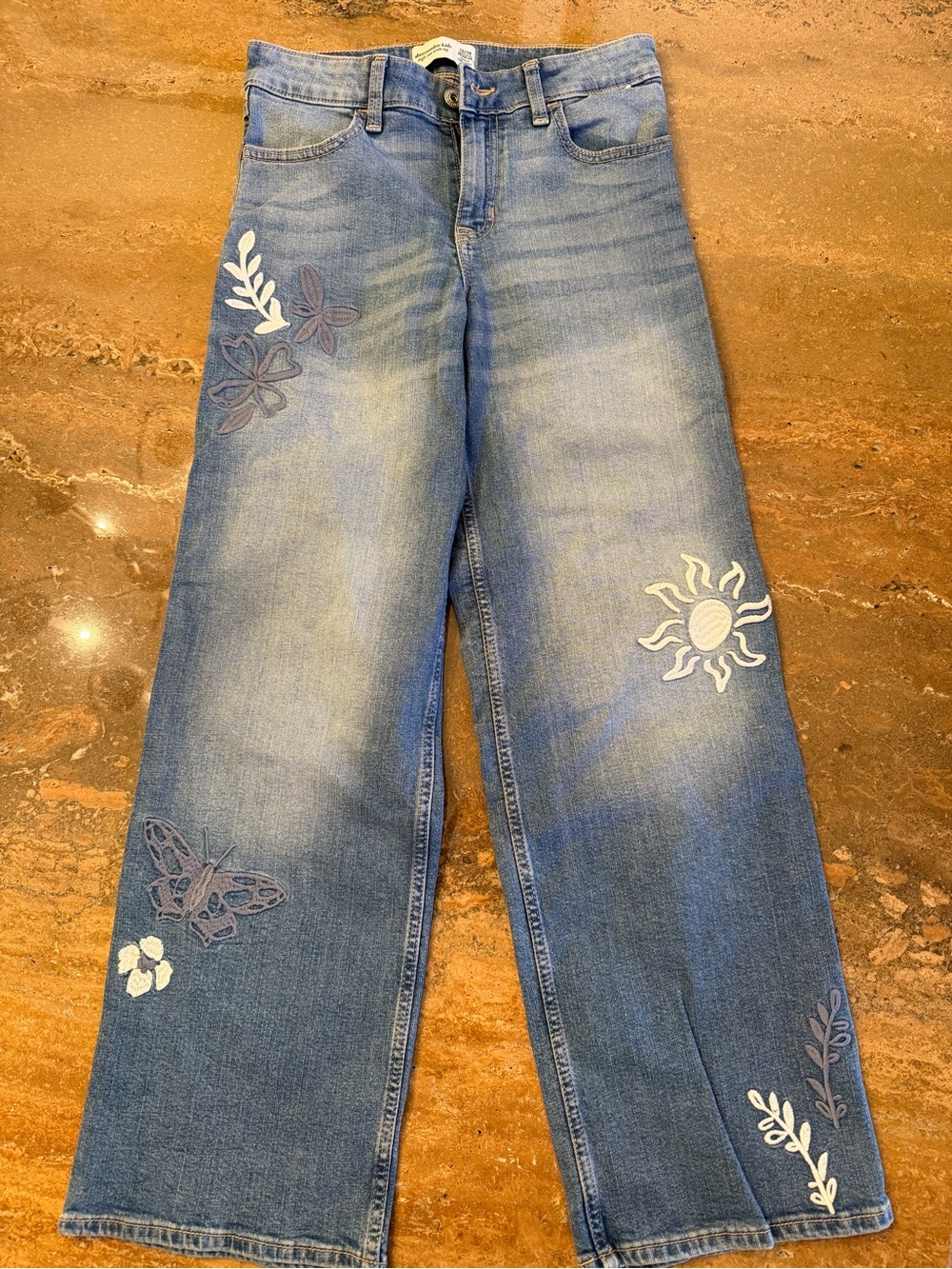 Abercrombie kids light blue embroidered wide-leg jeans
